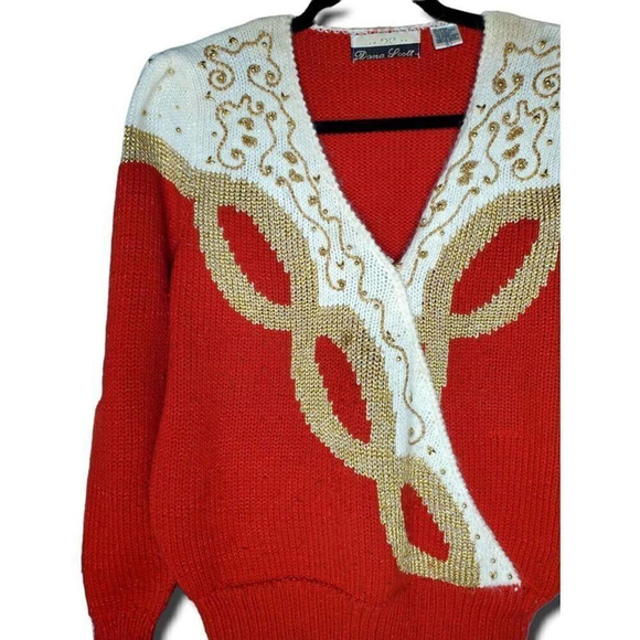 Dana Scott Vintage Women's Sweater Red Gold White V-Neck Beaded Size L - Picture 3 of 5